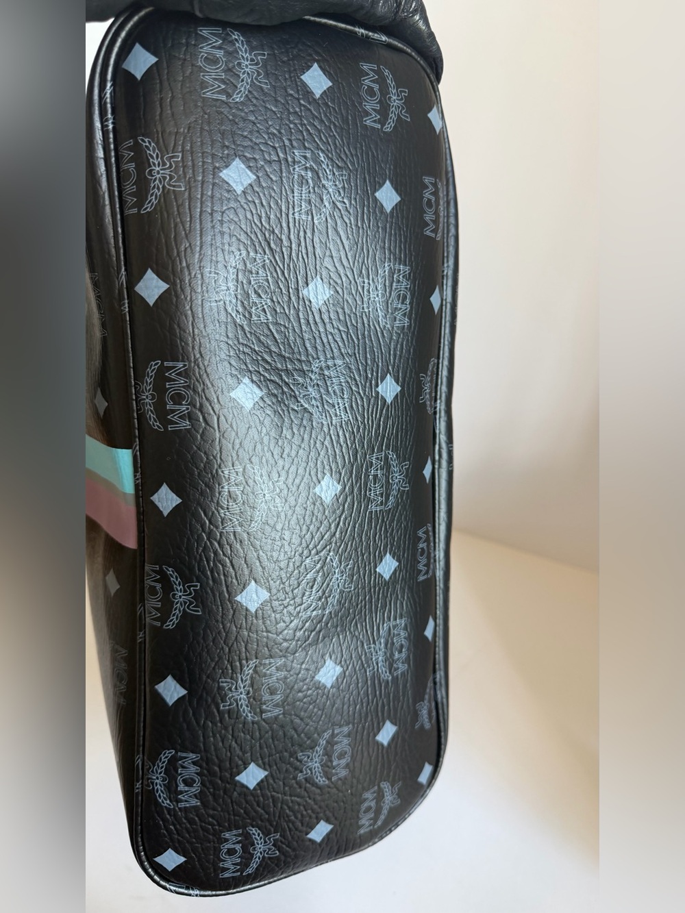 MCM Black Logo Stripe Tote with Purple and Aqua Accents - Picture 10 of 13